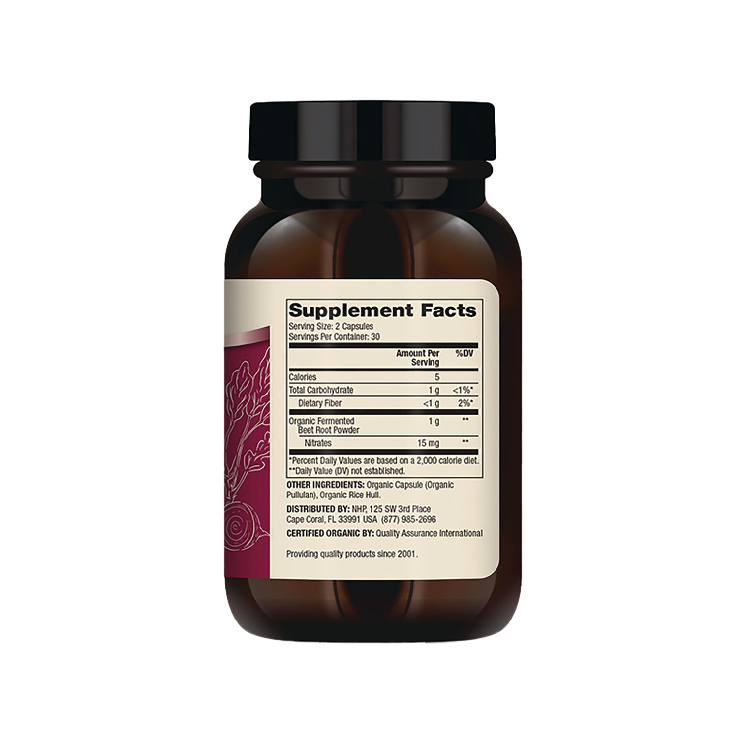 MRC106 | Back of brown supplement bottle showing Supplement Facts label and ingredients