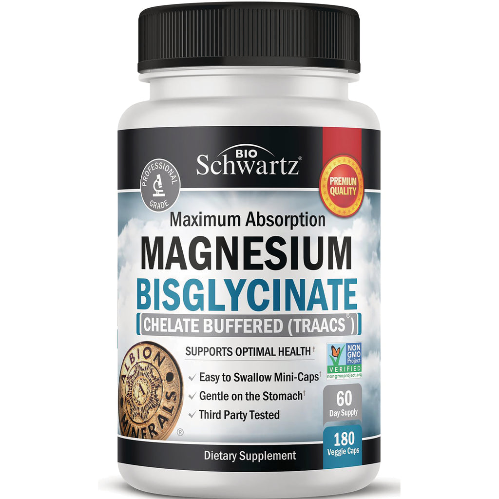 BSZ027 | BioSchwartz white bottle of Magnesium Bisglycinate supplement labeled Maximum Absorption, Chelate Buffered (TRAACS) - Thumbnail