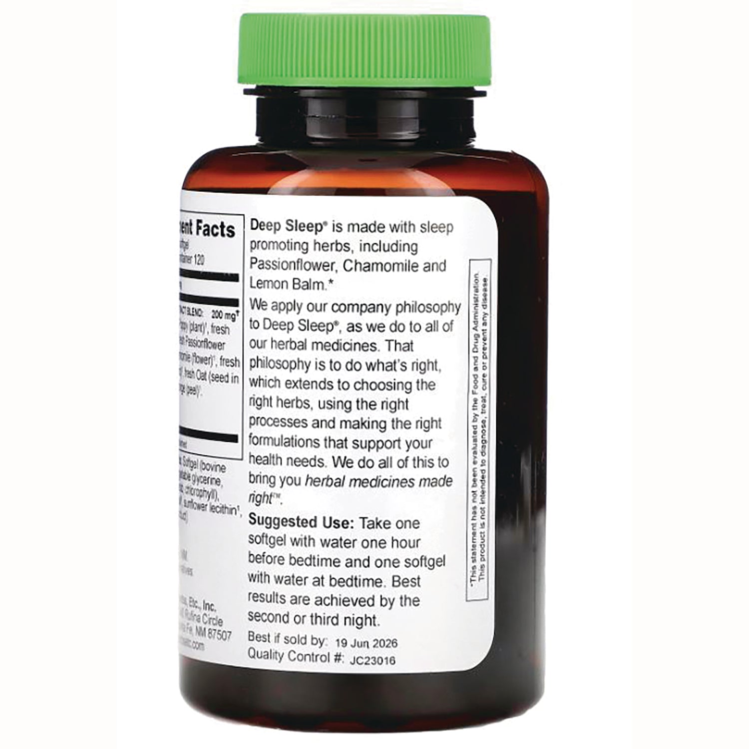 HE103 | back label of brown supplement bottle showing suggested use, ingredient panel text and green cap