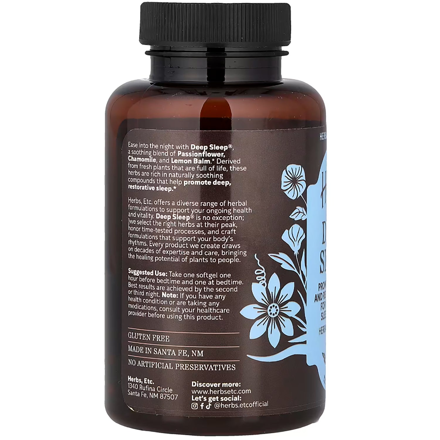 HE103 | back label of brown supplement bottle showing suggested use, ingredient panel text and green cap