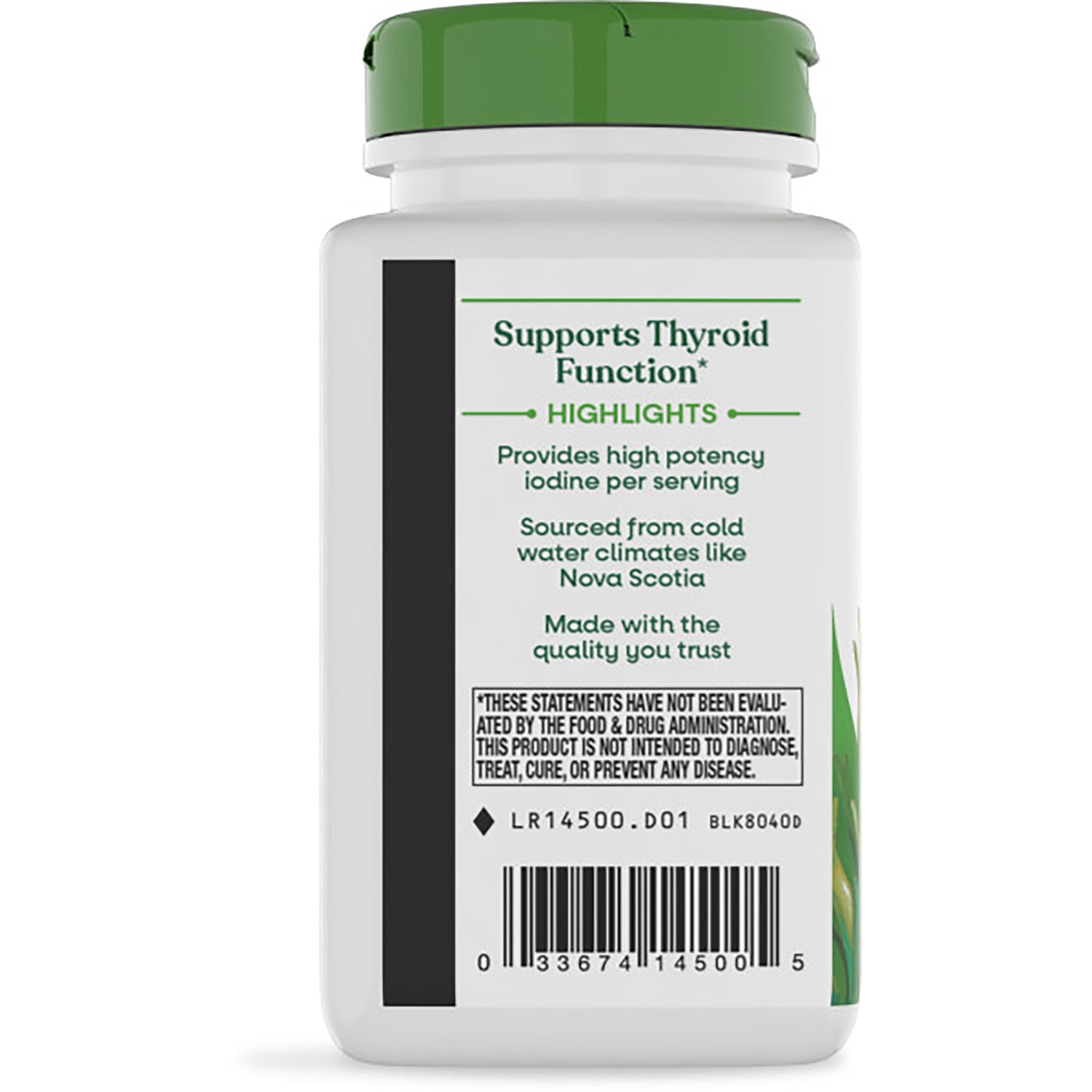NW153 | Back of white supplement bottle with green cap labeled Supports thyroid function and kelp description, barcode visible