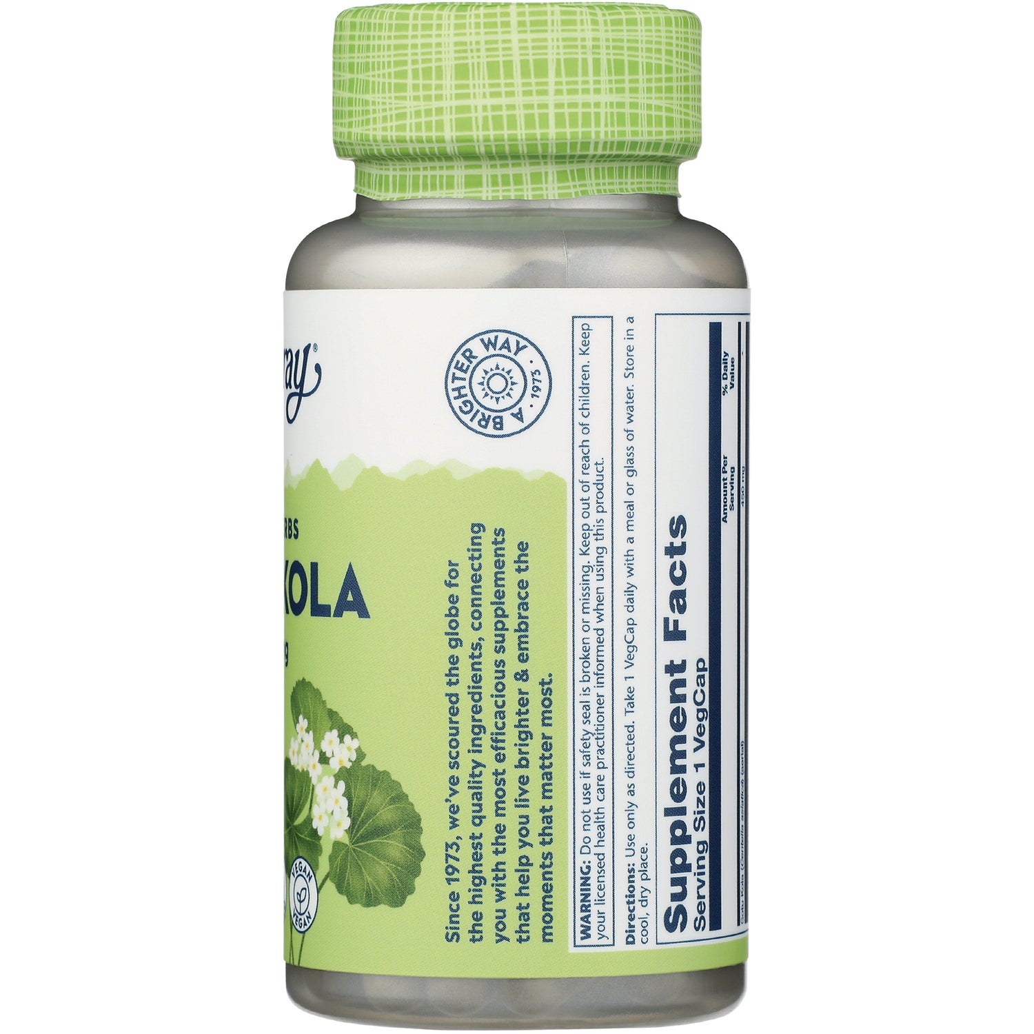 SLR356 | back of supplement bottle showing Supplement Facts panel and green label with directions and branding