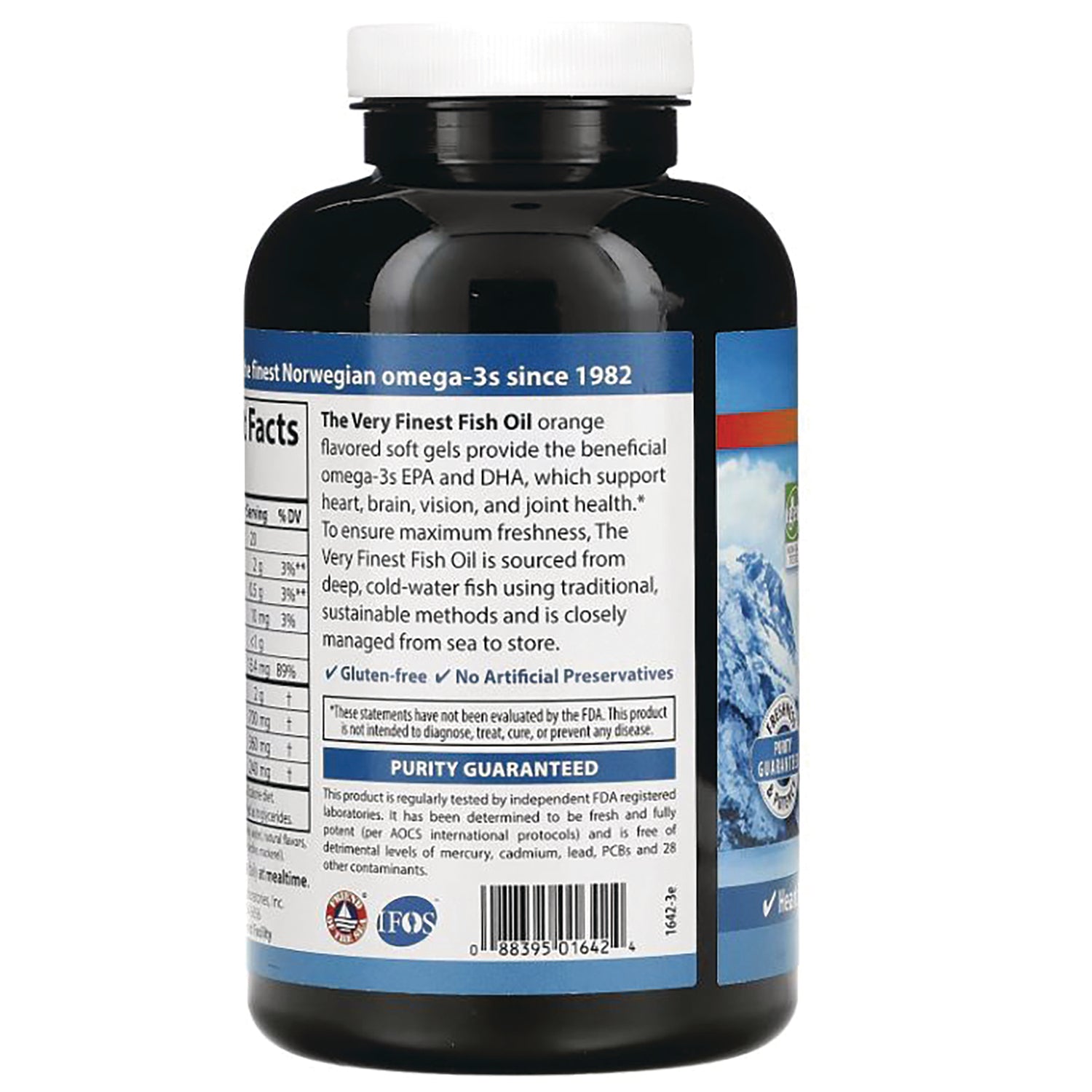 CSN016 | back of dark plastic fish oil bottle showing Supplement Facts, product description, purity guaranteed label and barcode