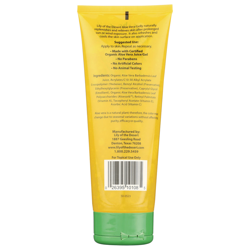 LIL040 | Back of yellow aloe gel tube showing ingredients, suggested use, barcode and green flip cap - Thumbnail