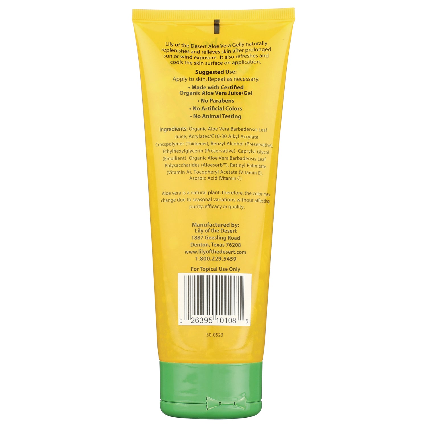 LIL040 | Back of yellow aloe gel tube showing ingredients, suggested use, barcode and green flip cap
