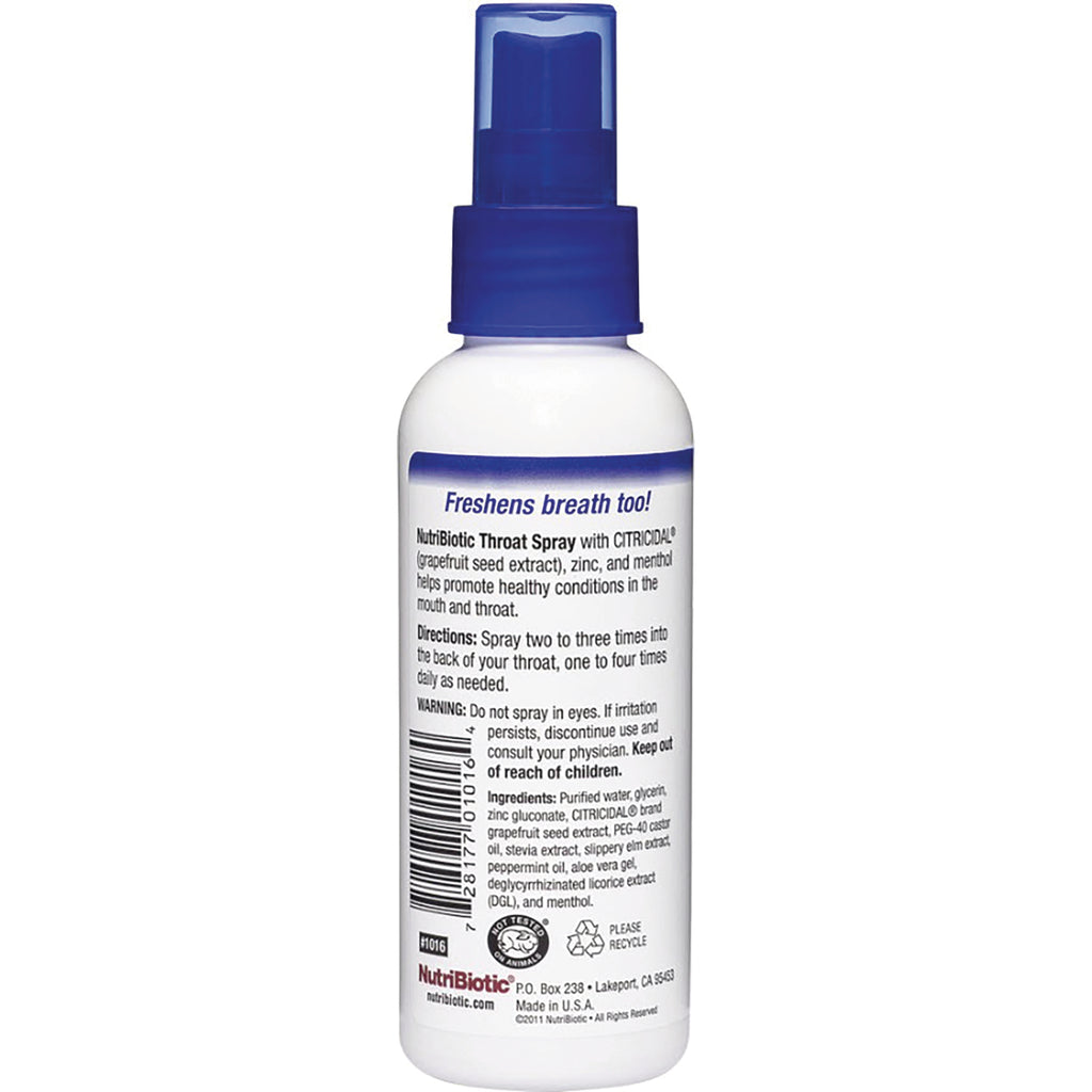 NUB012 | back label of throat spray bottle showing directions, ingredients, barcode and Freshens breath too! text - Thumbnail