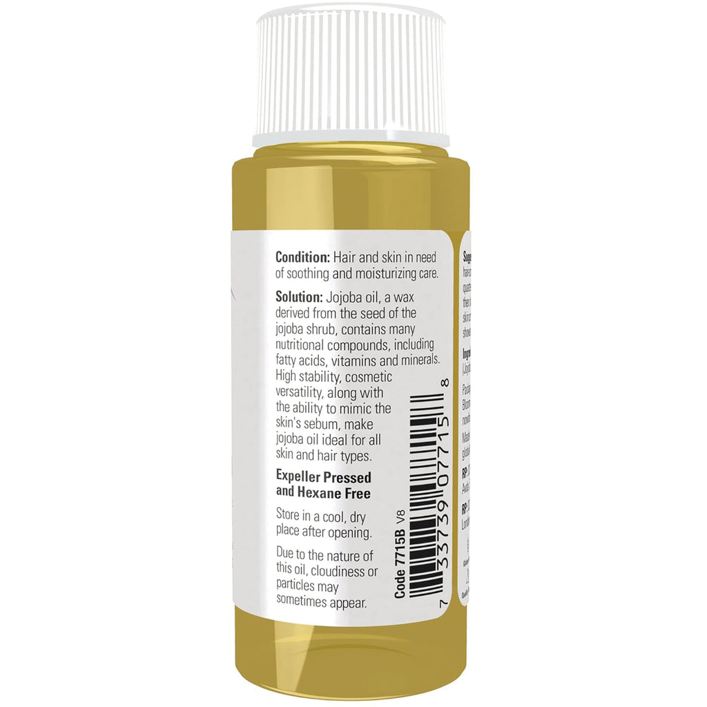 NWF614 | Back label of jojoba oil bottle showing condition and solution text, storage instructions and barcode - Thumbnail