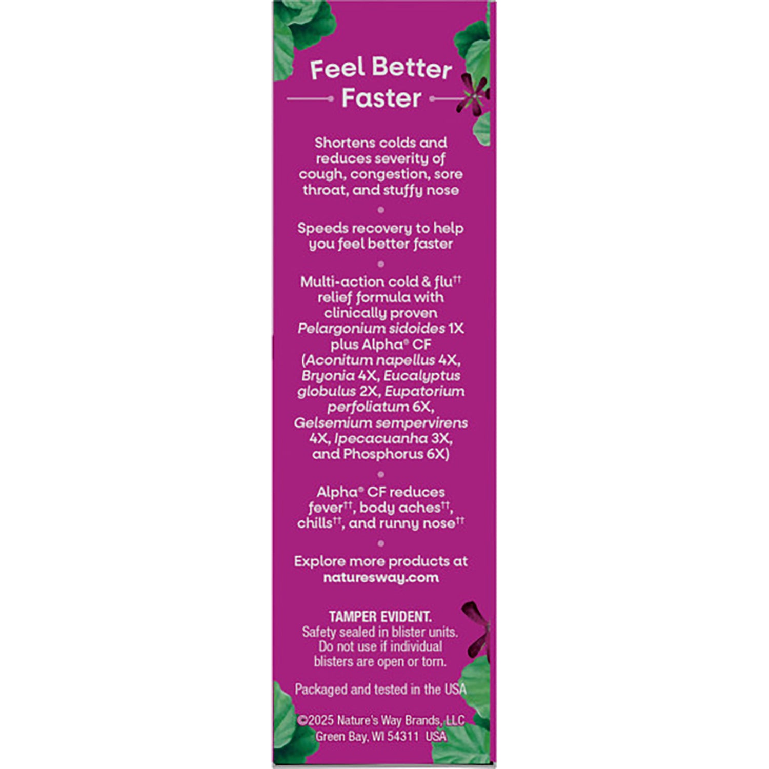 NW745 | Back panel purple box reading Cold + Flu Relief with text about Pelargonium sidoides 1X and symptom relief