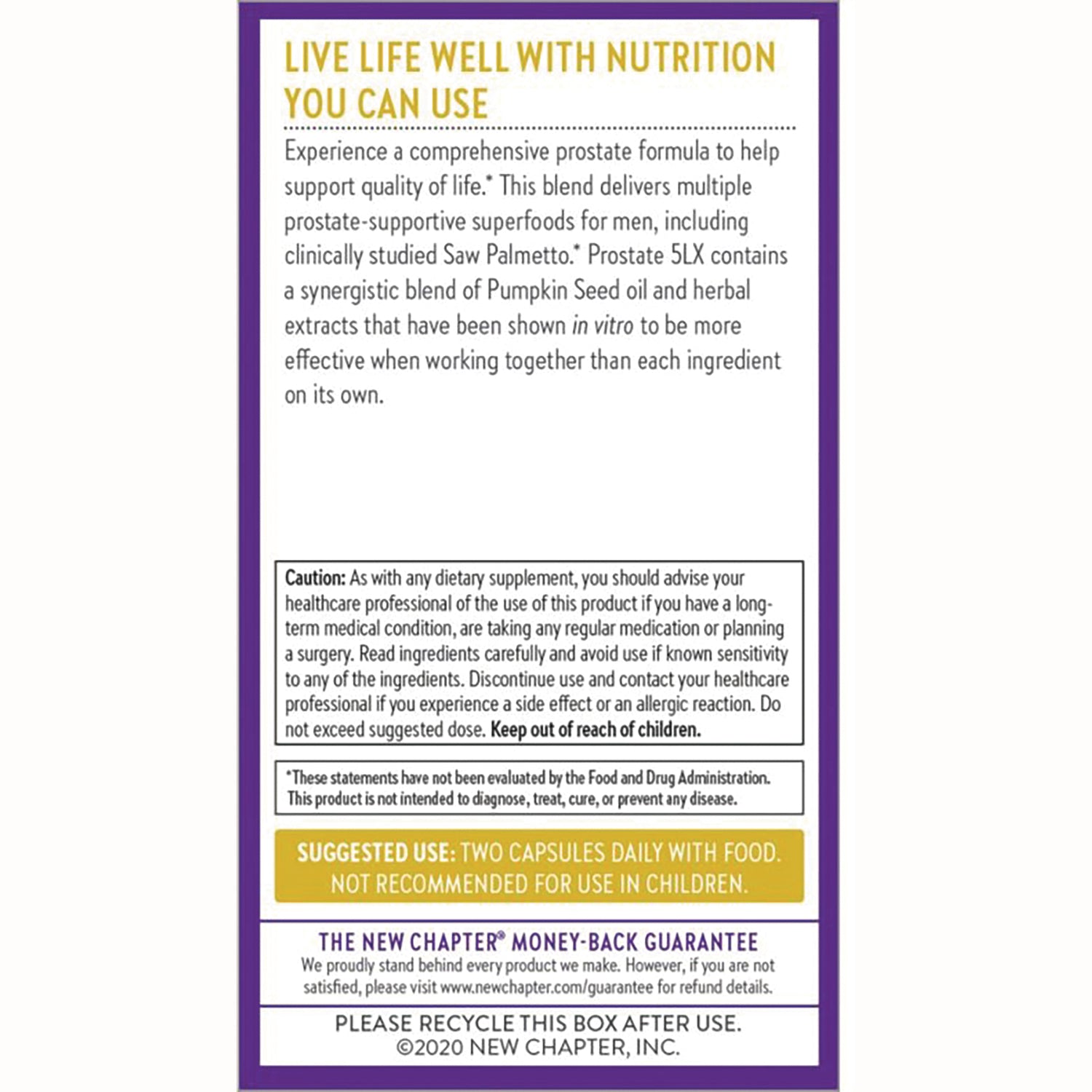 NWC272 | back panel with product description, caution box, suggested use two capsules daily and recycling info