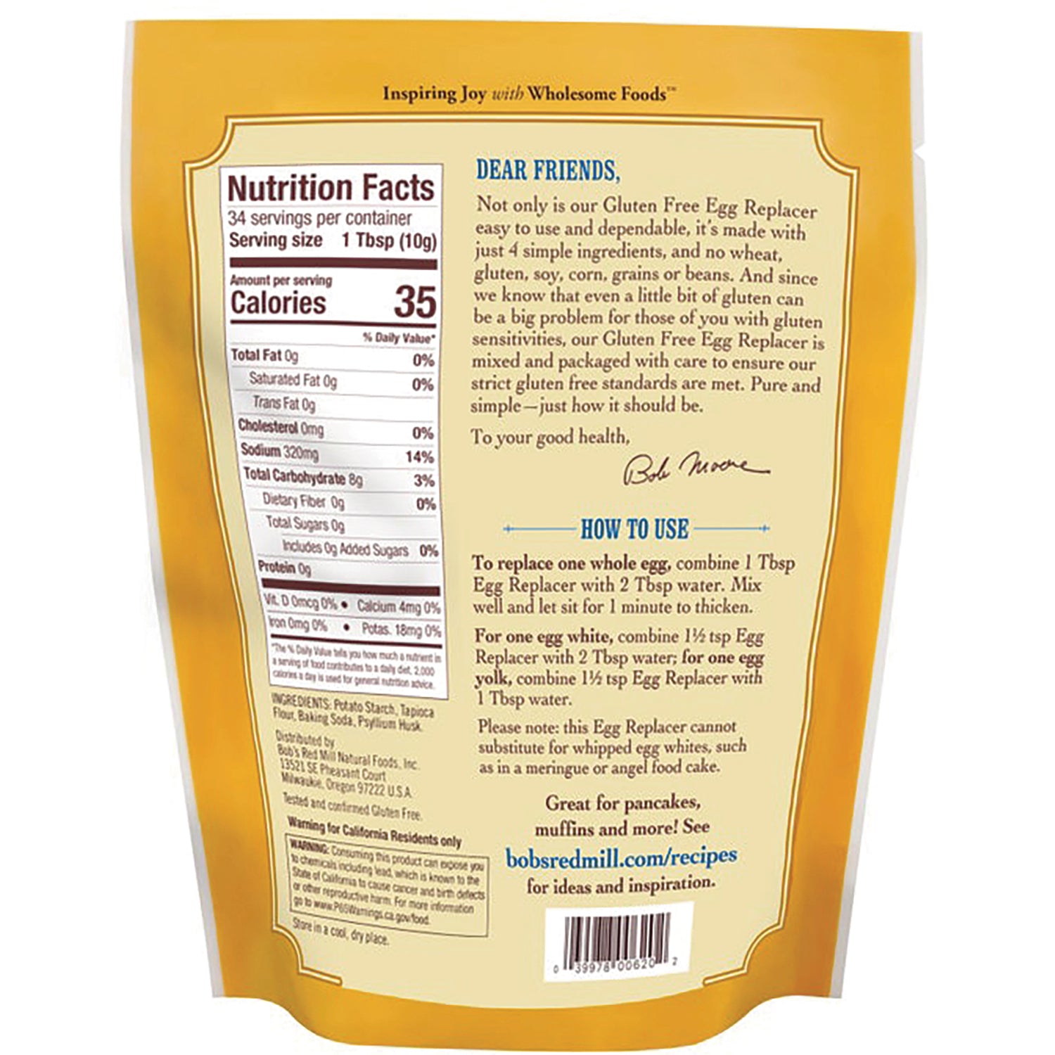 BOB247 | Back of gold pouch showing Nutrition Facts panel, how to use instructions, and barcode