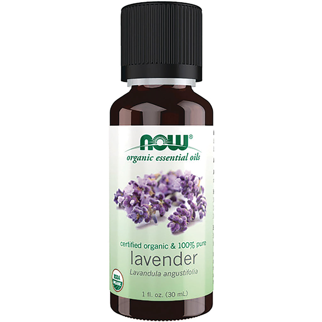 NWF616 | NOW organic essential oils lavender 1 fl oz bottle with front label and lavender flowers - Thumbnail