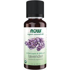 NWF616 | NOW organic essential oils lavender 1 fl oz bottle with front label and lavender flowers