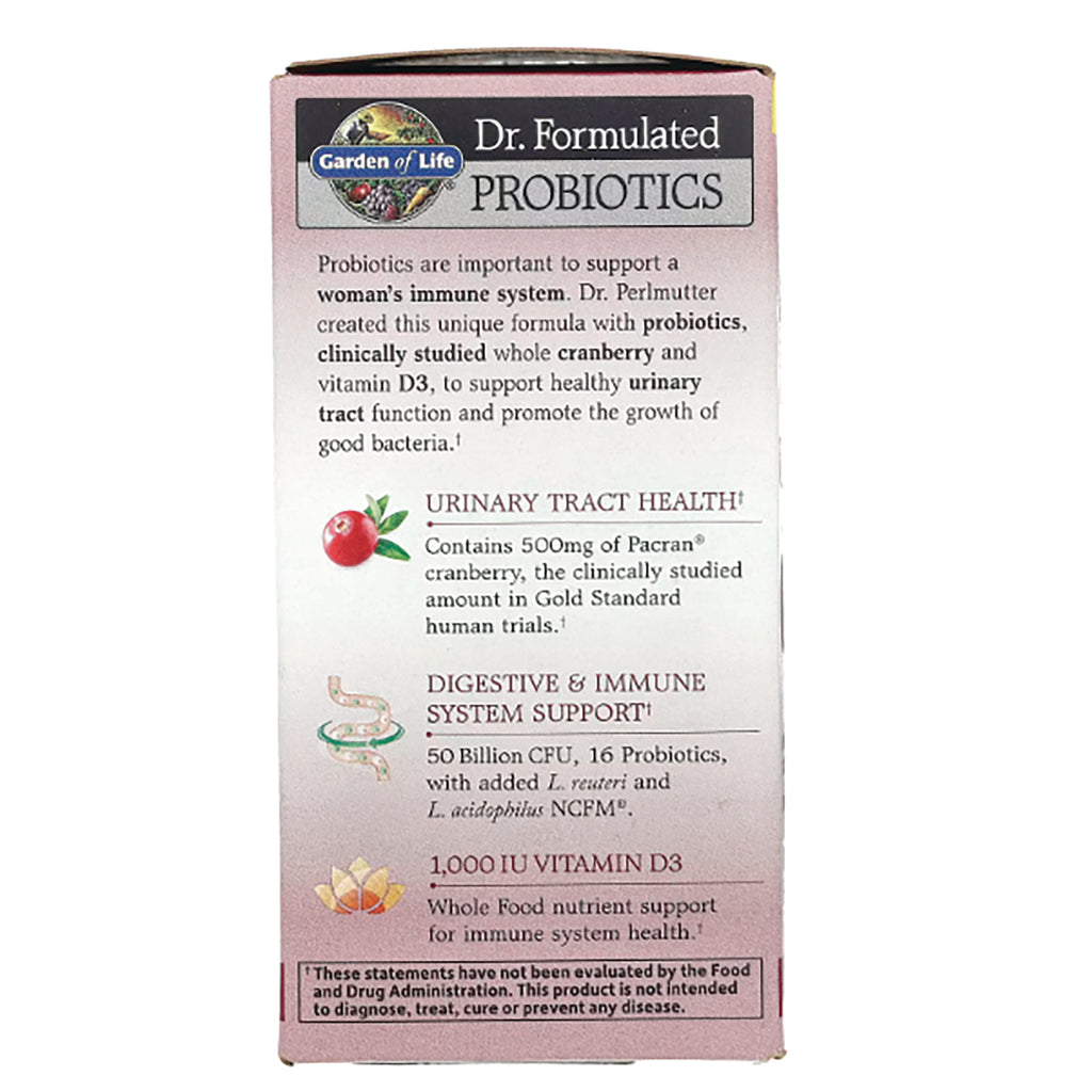 GLF221 | Side panel infographic of Dr. Formulated Probiotics listing urinary tract health, digestive and immune support, 1,000 IU vitamin D3 - Thumbnail