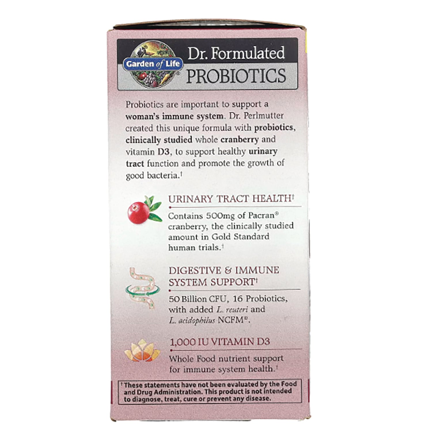 GLF221 | Side panel infographic of Dr. Formulated Probiotics listing urinary tract health, digestive and immune support, 1,000 IU vitamin D3