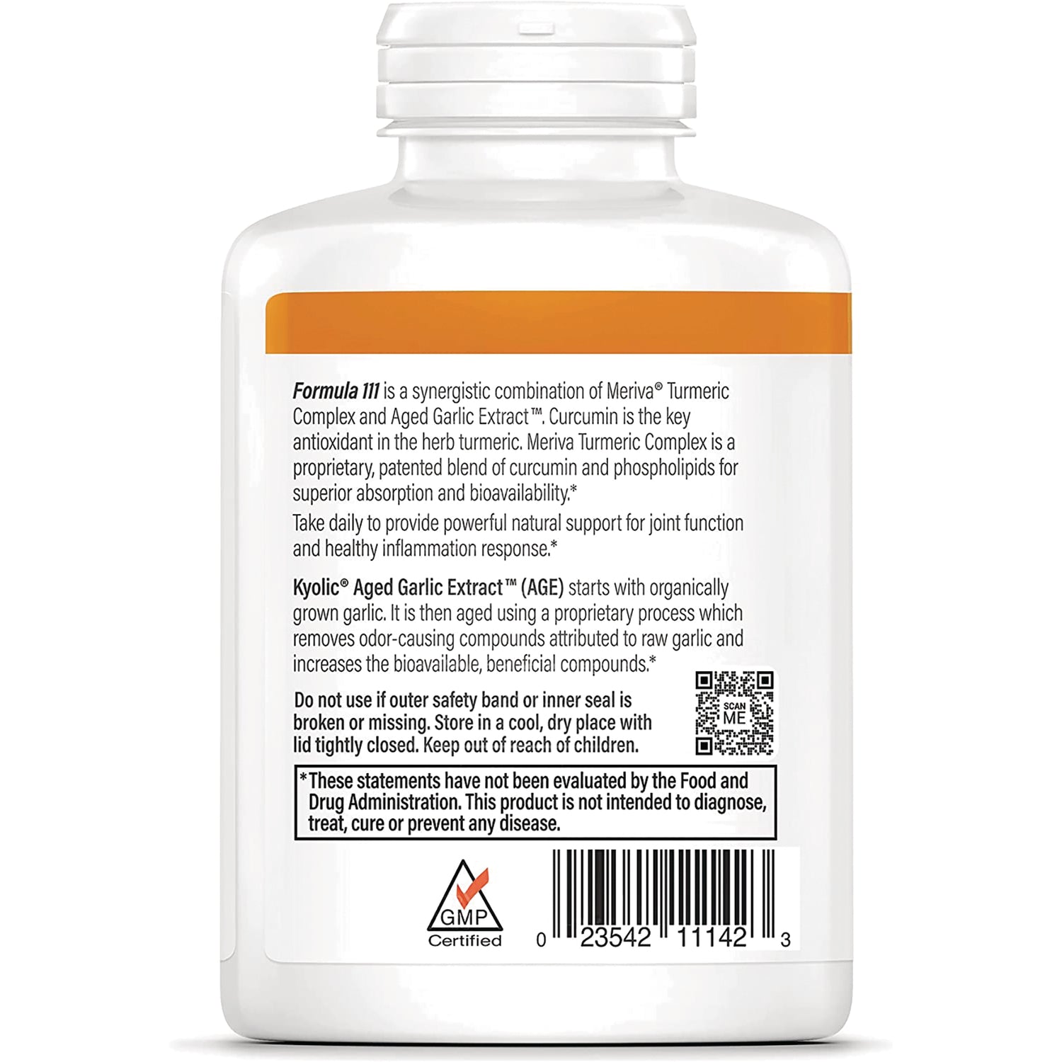 KY141 | Back of white supplement bottle showing ingredient and usage text, barcode and GMP Certified logo