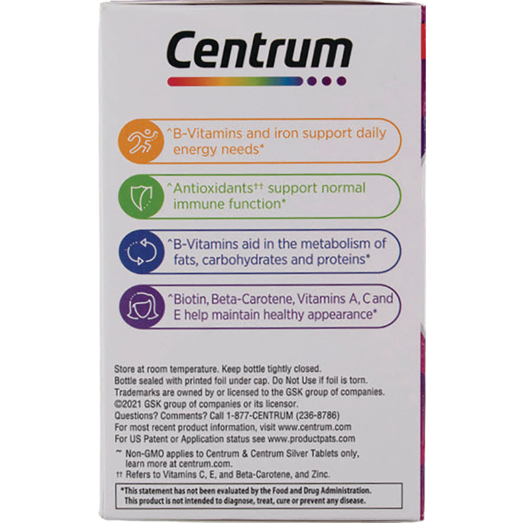 CEN033 | Back of Centrum multivitamin box showing logo, colored benefit callouts and small-print directions and warnings - Thumbnail