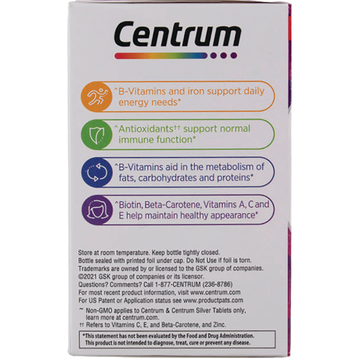 CEN033 | Back of Centrum multivitamin box showing logo, colored benefit callouts and small-print directions and warnings