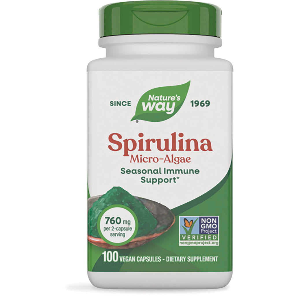 NW169 | Nature's Way Spirulina micro-algae supplement bottle, 100 vegan capsules, 760 mg per 2-capsule serving - Thumbnail