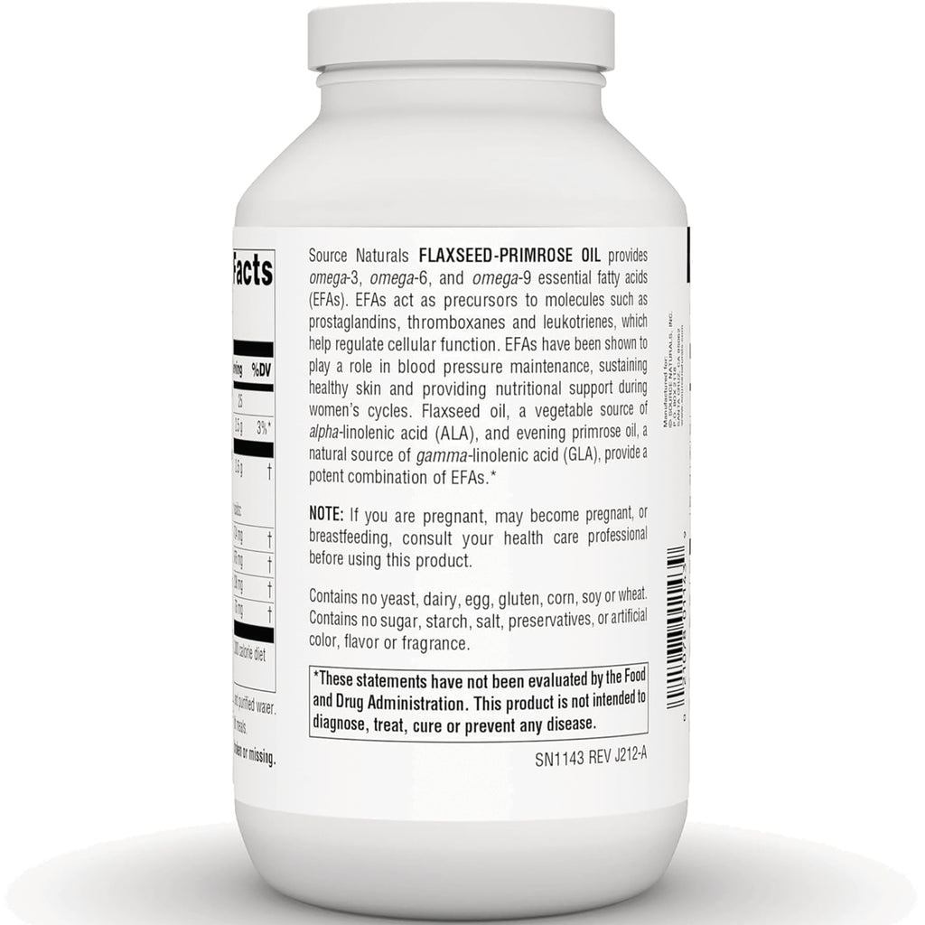 SN768 | Source Naturals Flaxseed-Primrose Oil back label with supplement facts, warnings, and barcode - Thumbnail