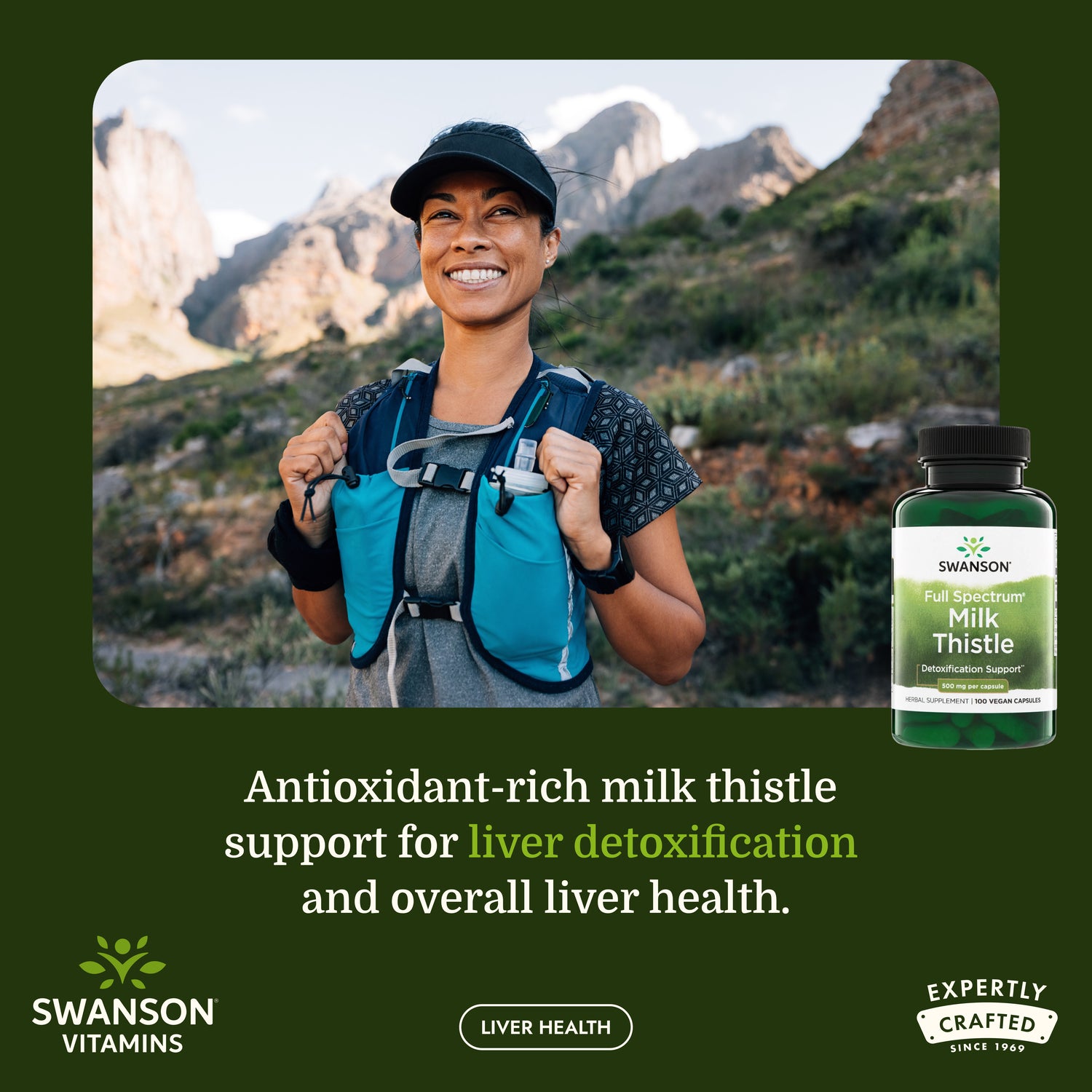 SW966 | Hiker smiling beside Swanson Milk Thistle bottle with liver detoxification message