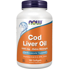 NWF1430 | Now Cod Liver Oil 1000 mg Extra Strength 180 softgels bottle, Vitamins A & D-3, EPA DHA