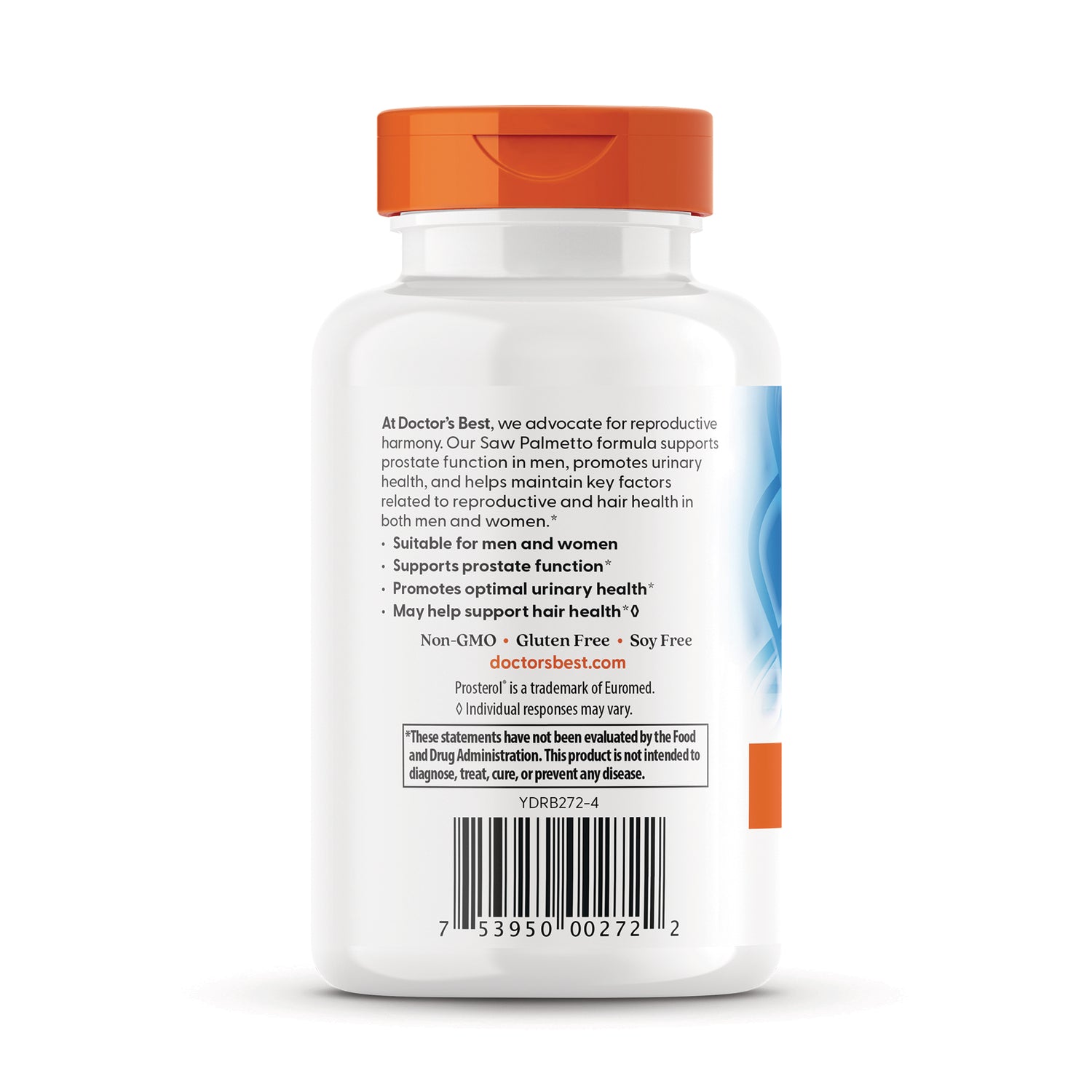DB171 | Back of white supplement bottle with orange cap showing product claims, bullet points and barcode