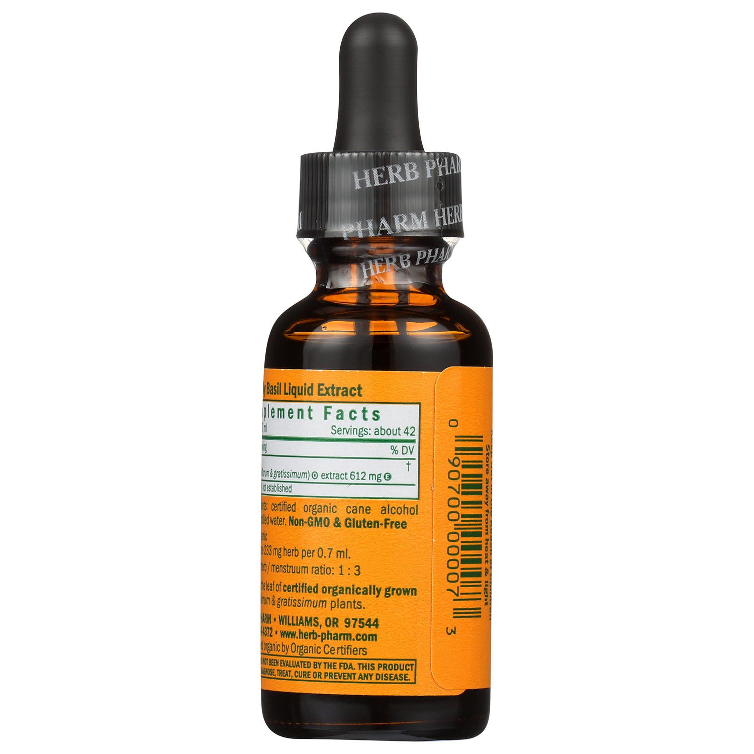 HPH022 | Front of Herb Pharm Holy Basil liquid extract bottle with supplement facts label