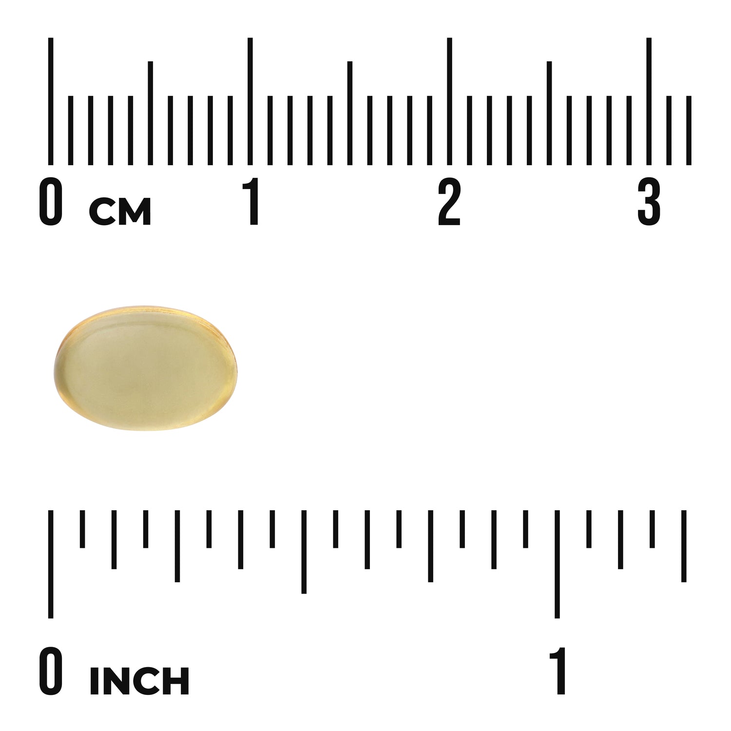 SW001 | Yellow oval softgel shown with centimeter and inch rulers indicating size; visible text "0 CM" and "0 INCH"
