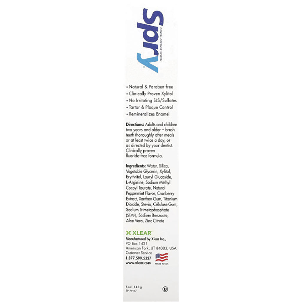 XL002 | Back panel showing Spry toothpaste features, directions, and ingredients - Thumbnail
