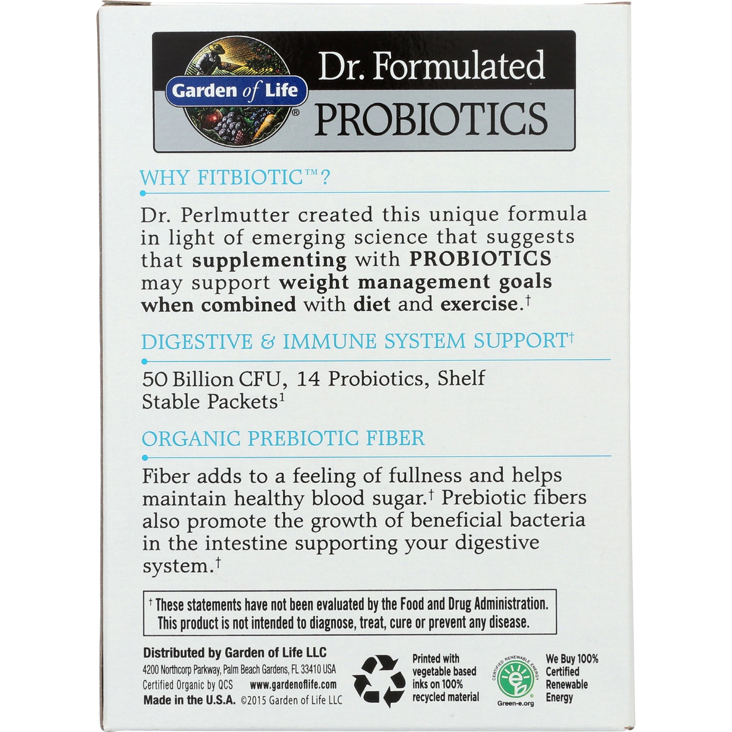 GLF209 | back panel showing probiotic product info: 50 Billion CFU, 14 probiotics, organic prebiotic fiber and usage claims