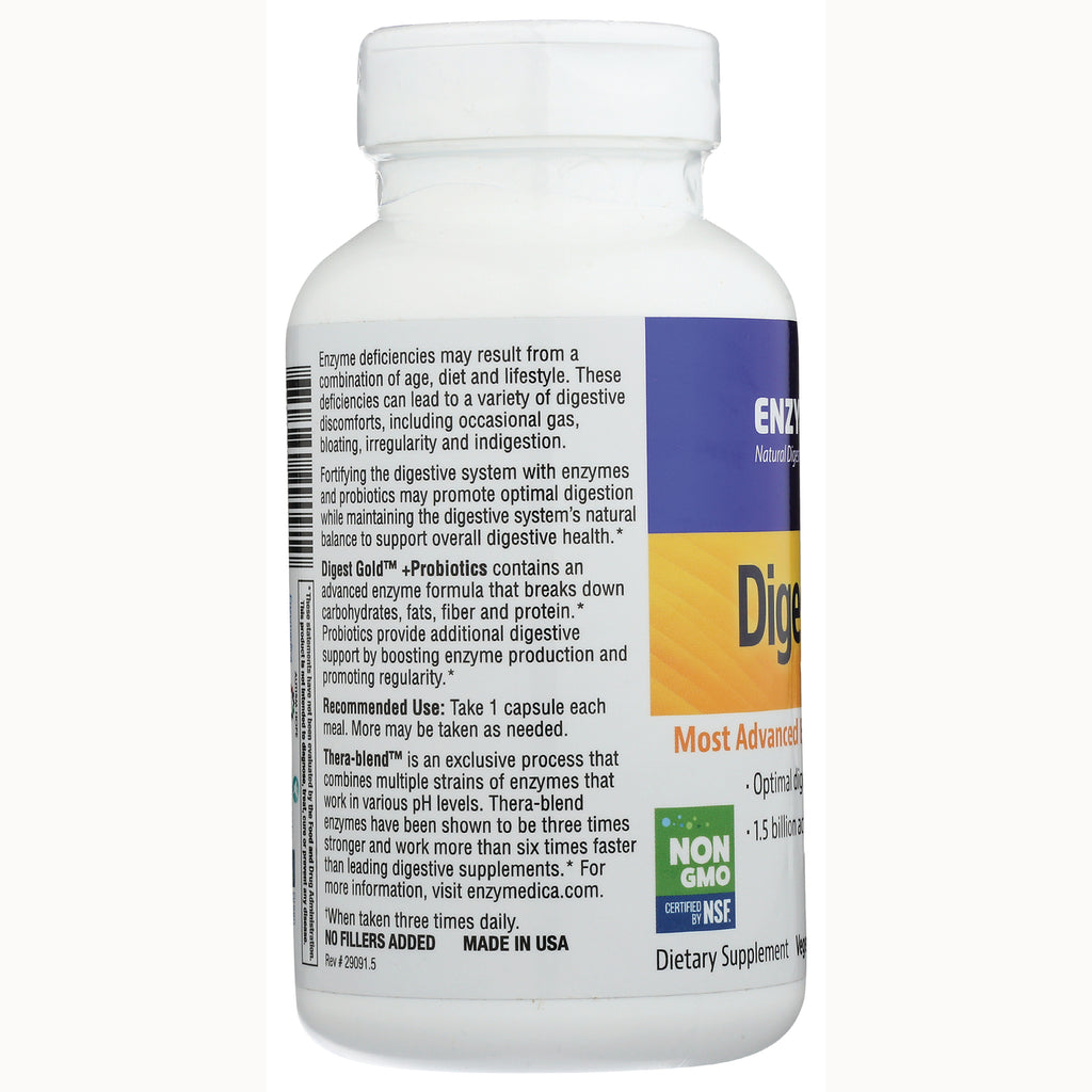 EMD050 | Back label of white supplement bottle showing digestive enzyme information, recommended use, and Non GMO NSF logo - Thumbnail
