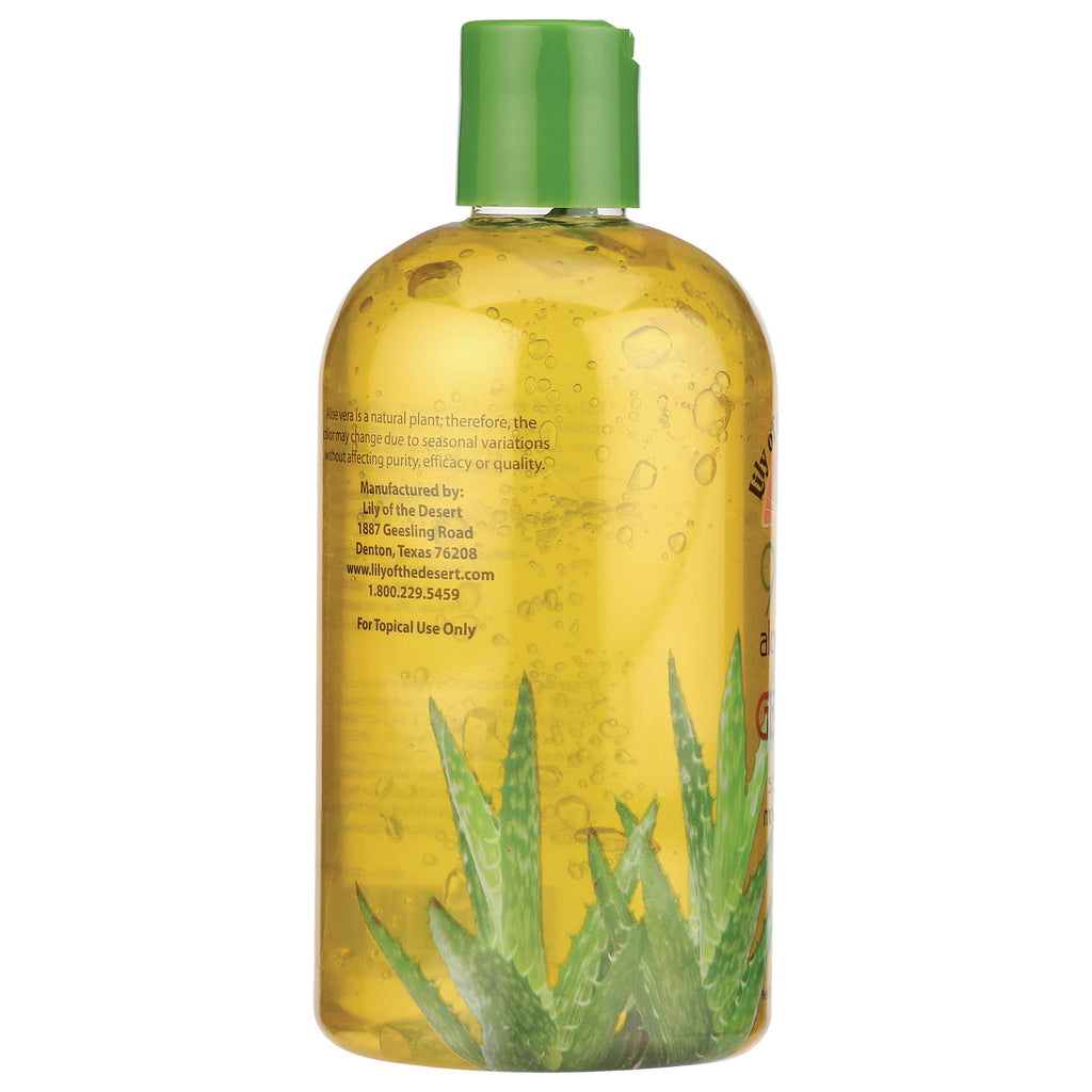 LIL030 | Back of clear bottle of yellow aloe gel with green cap showing manufacturer text and aloe leaf graphics - Thumbnail
