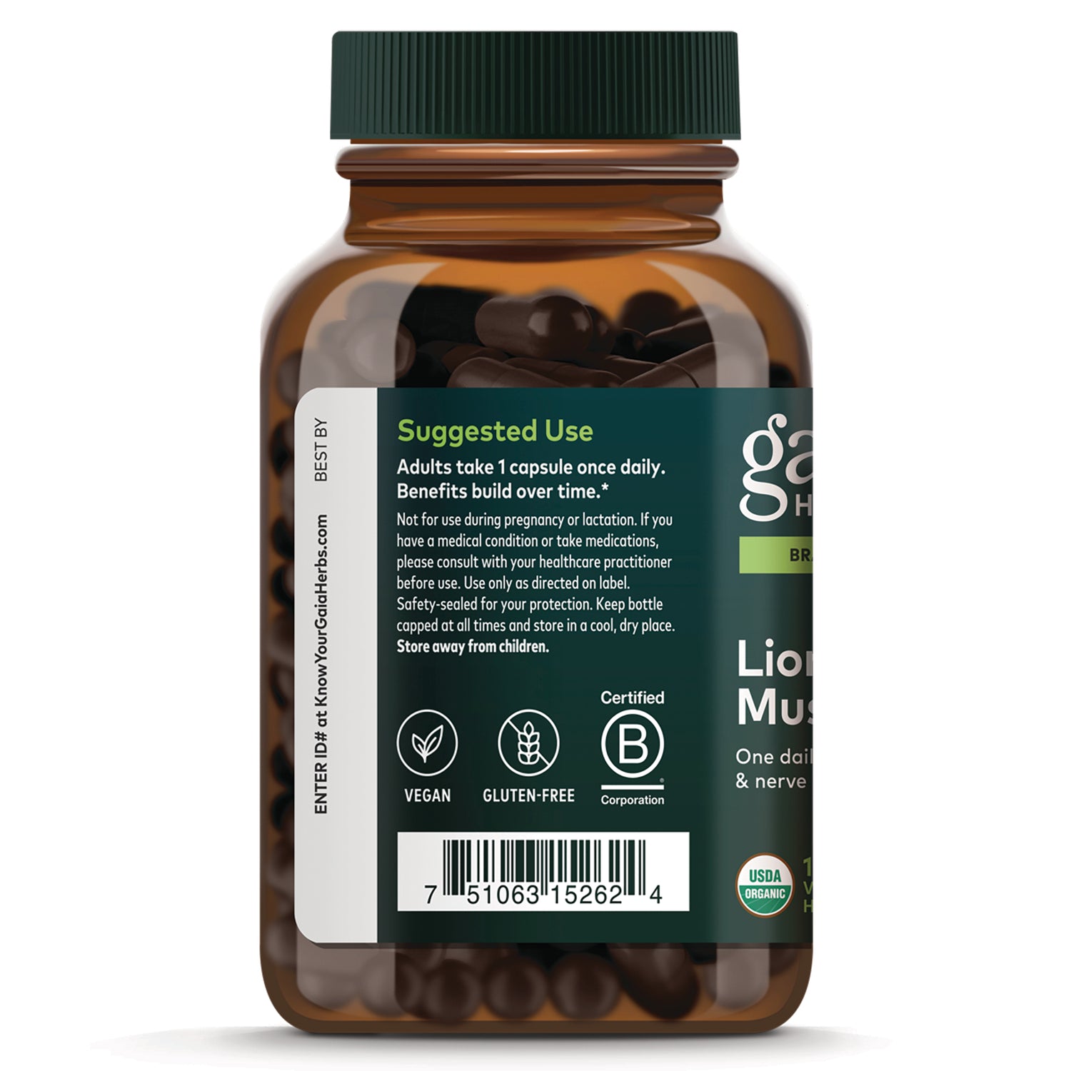GH170 | back label of amber supplement bottle showing suggested use text, vegan and gluten-free icons, and barcode