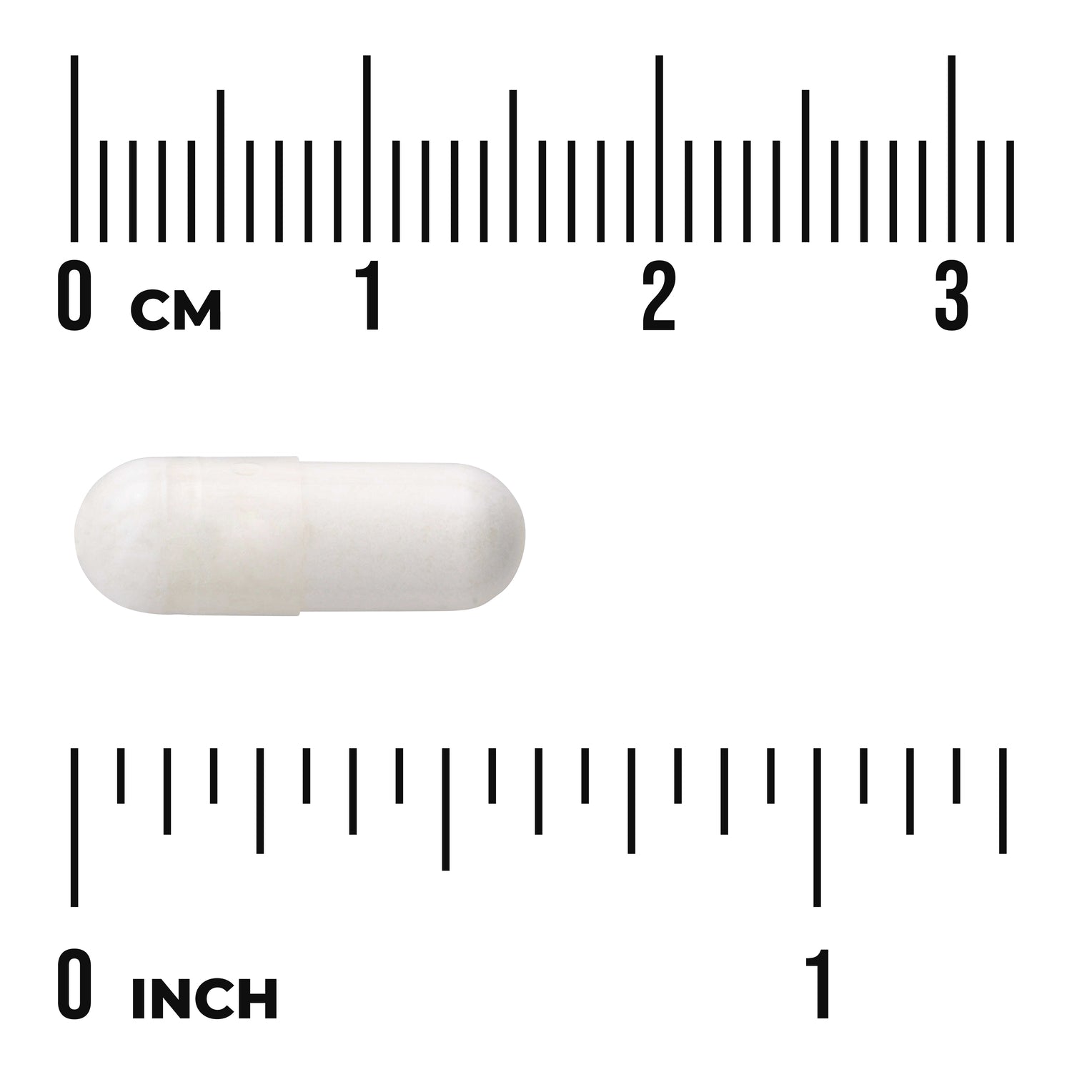 SWU171 | White capsule shown with cm and inch rulers for size reference
