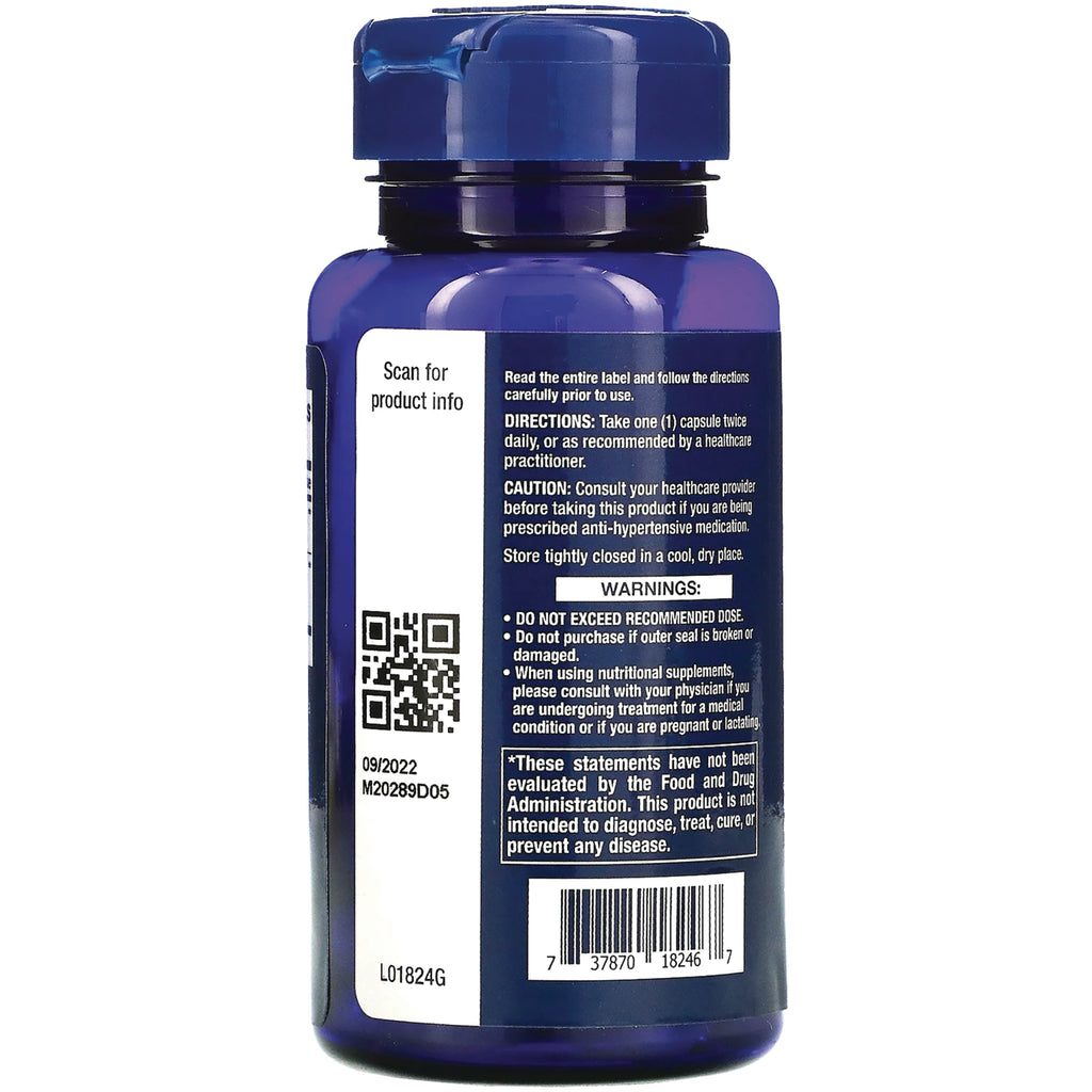 LE319 | Back label of blue supplement bottle showing directions, warnings, QR code and barcode - Thumbnail