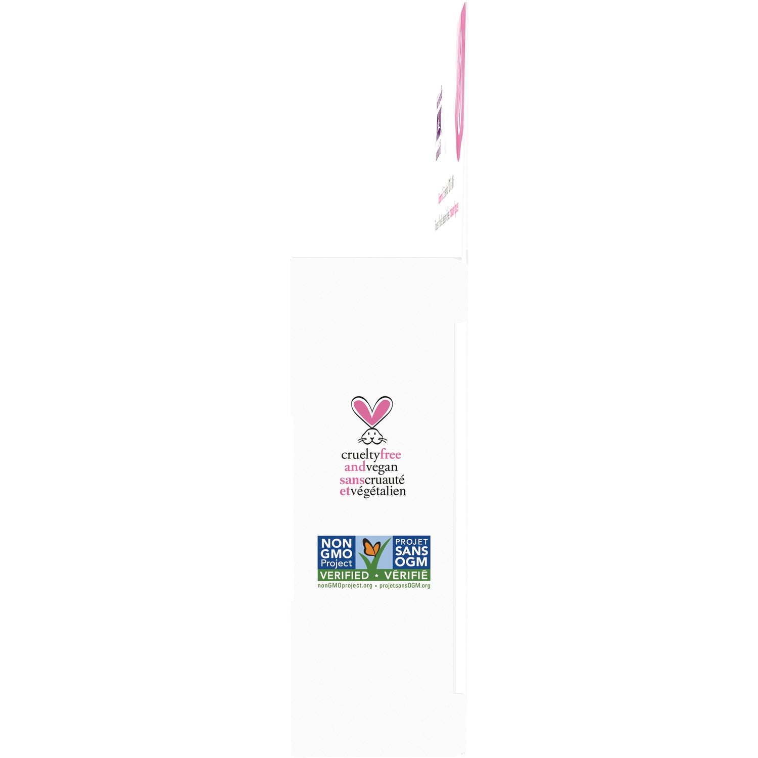 NWF1277 | back of white product box showing cruelty-free heart logo and Non-GMO Project Verified badge