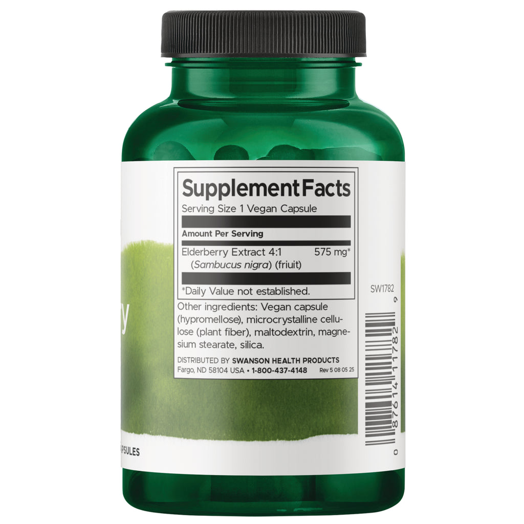 SW1782 | Supplement Facts panel: Elderberry Extract 4:1 (Sambucus nigra) 575 mg per vegan capsule - Thumbnail