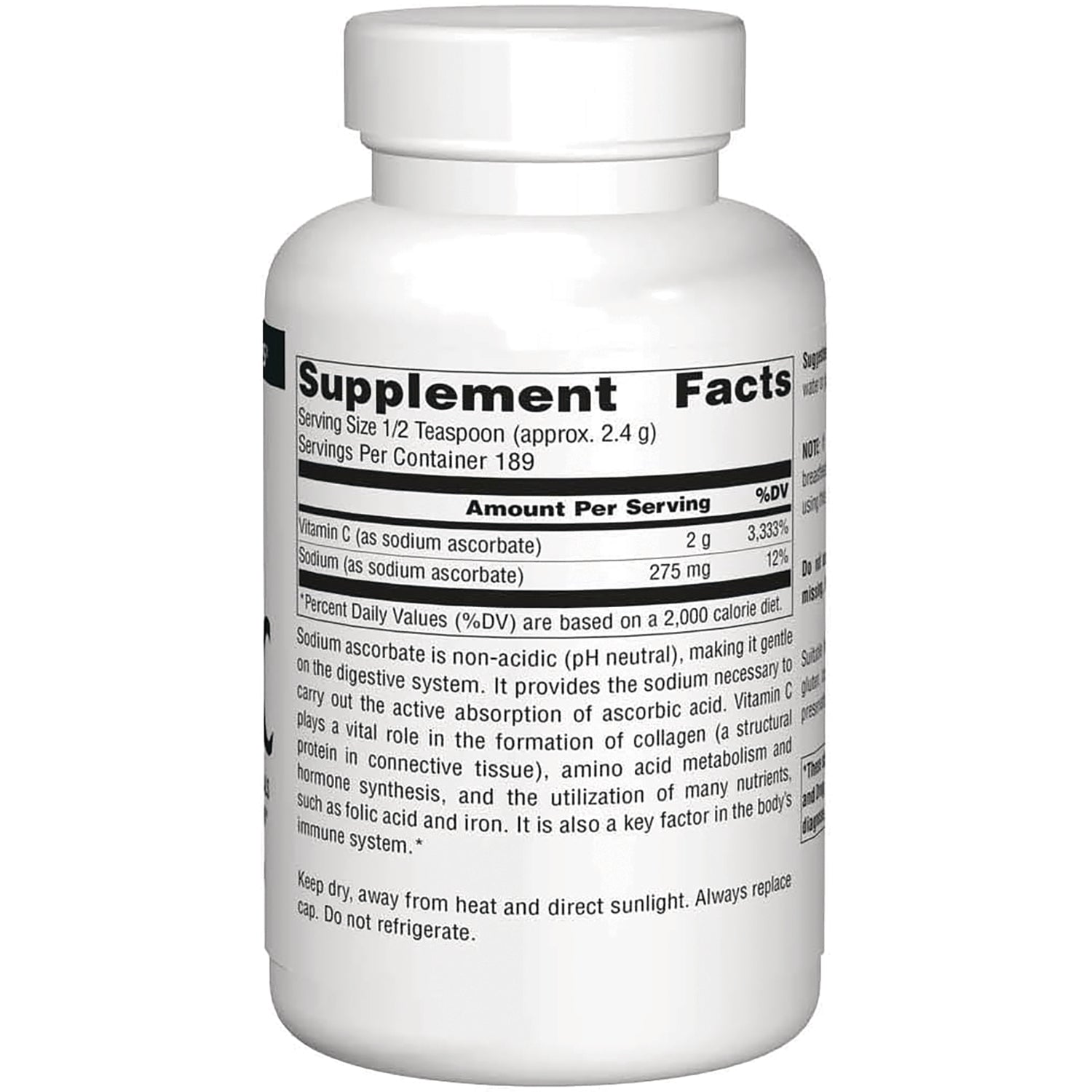 SN670 | Supplement Facts panel on bottle back with serving size 1/2 teaspoon (approx. 2.4 g)