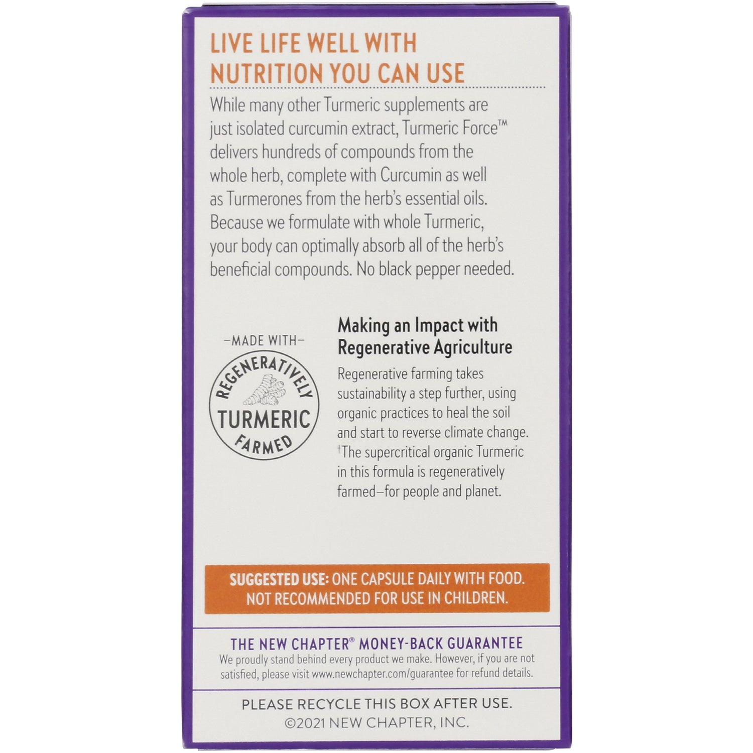 NWC259 | back panel showing product description, regenerative turmeric badge and suggested use one capsule daily with food