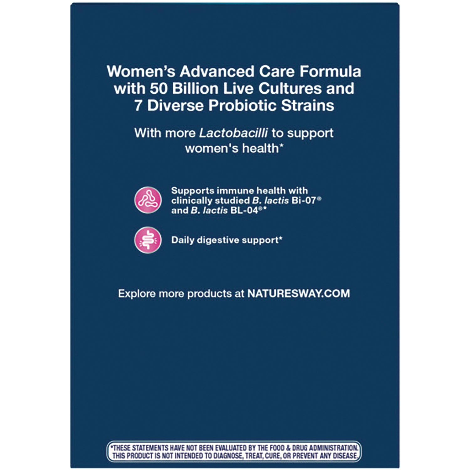 NW881 | Product infographic for women's probiotic stating 50 billion live cultures, 7 probiotic strains and NATURESWAY.COM