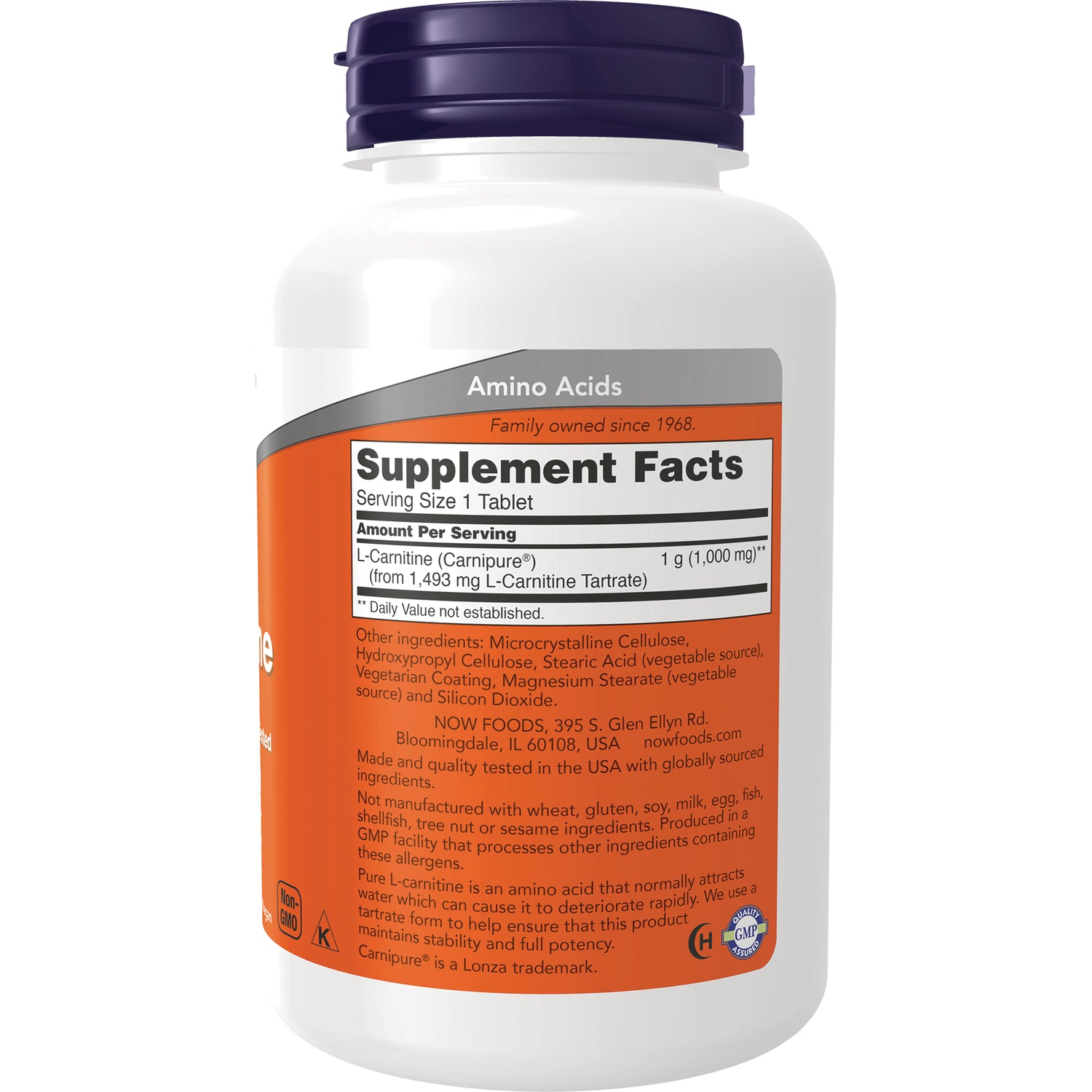NWF1053 | Back label of white supplement bottle showing Supplement Facts and ingredients for L-Carnitine