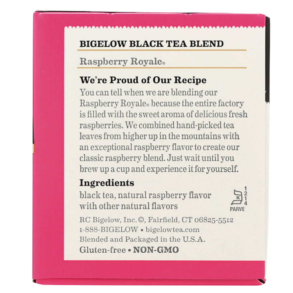 BGT001 | Back of Raspberry Royale black tea box showing recipe text, ingredients, company info and Gluten-free NON-GMO - Thumbnail