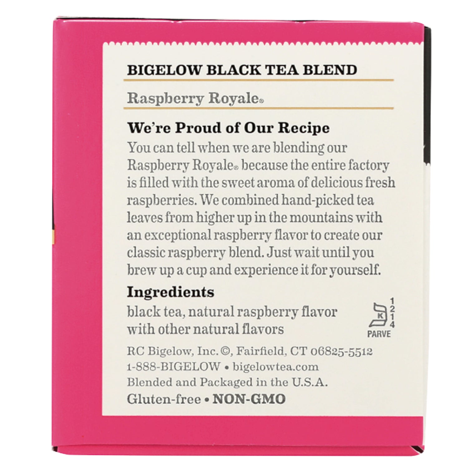 BGT001 | Back of Raspberry Royale black tea box showing recipe text, ingredients, company info and Gluten-free NON-GMO