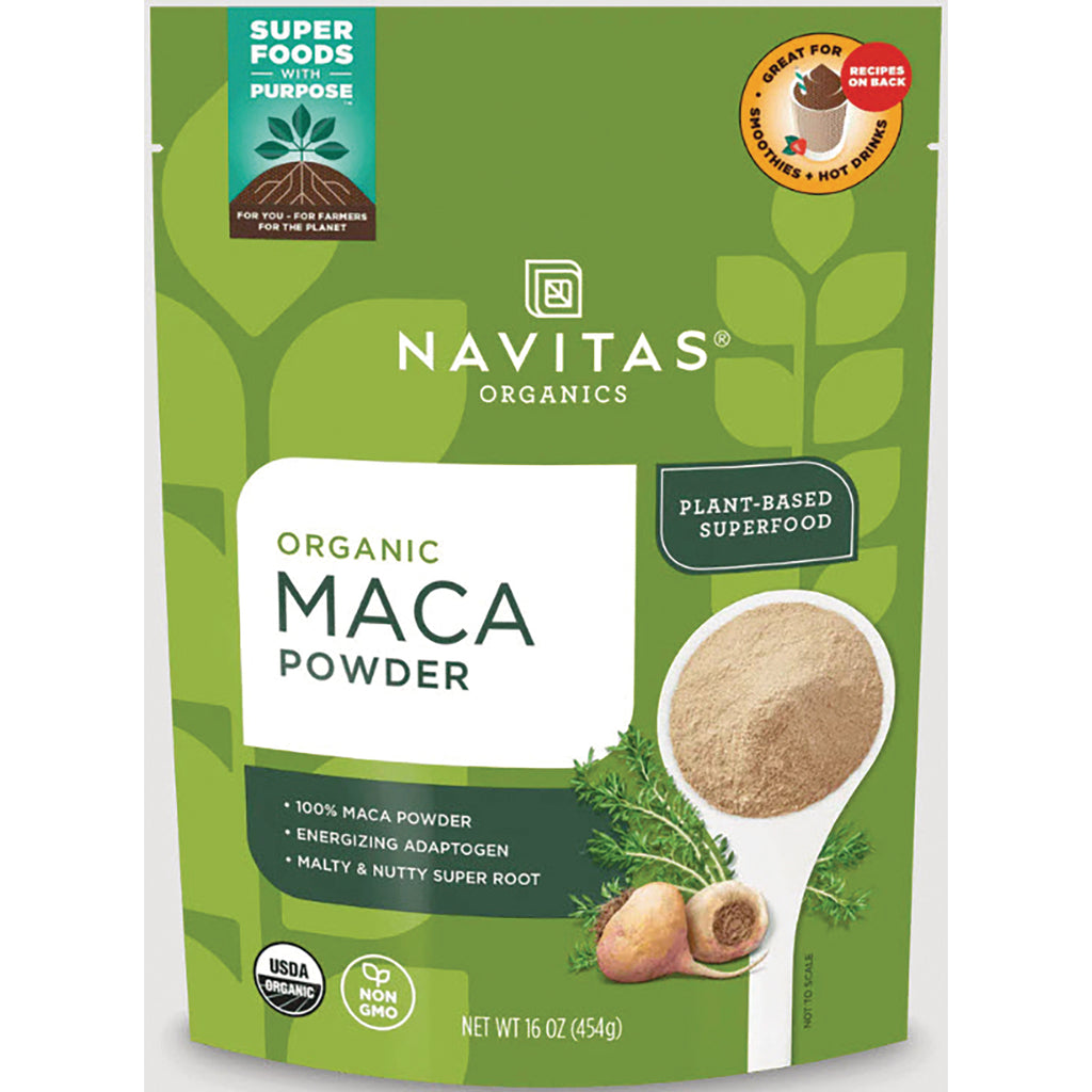 NAV054 | Navitas Organics green pouch labeled ORGANIC MACA POWDER with spoon and maca root, net wt 16 oz - Thumbnail