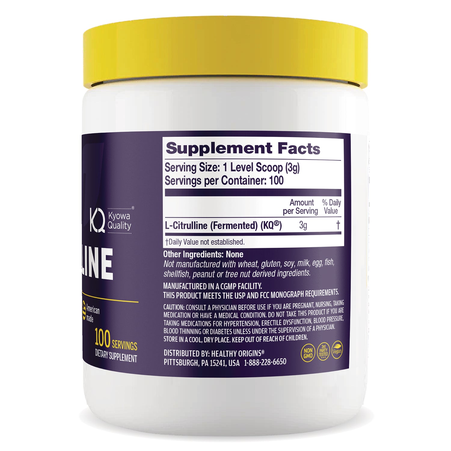 HRG202 | Supplement facts label on jar reading Serving Size 1 Level Scoop (3g), L-Citrulline 3g, 100 servings