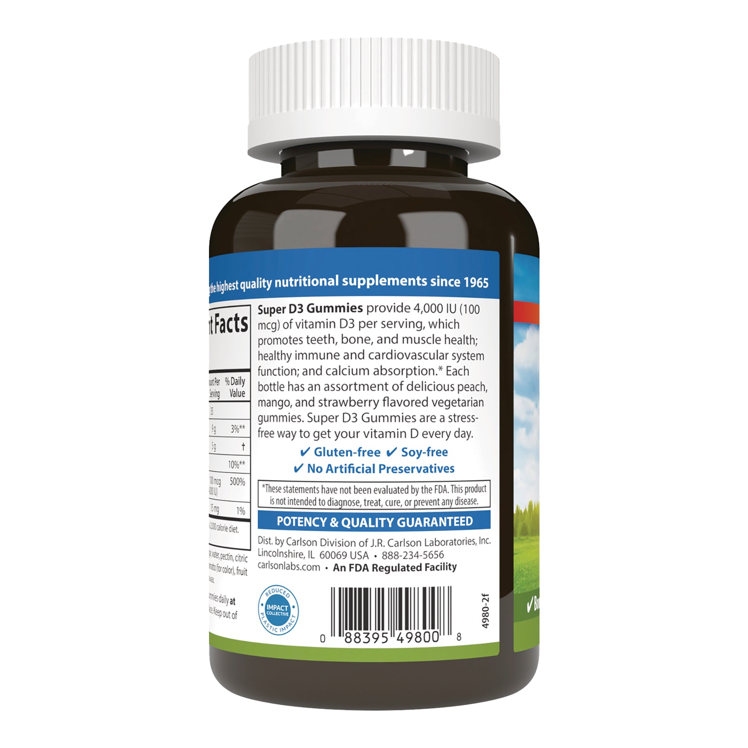 CSN279 | Back label showing supplement facts, product description, certifications and barcode on a Super D3 Gummies bottle
