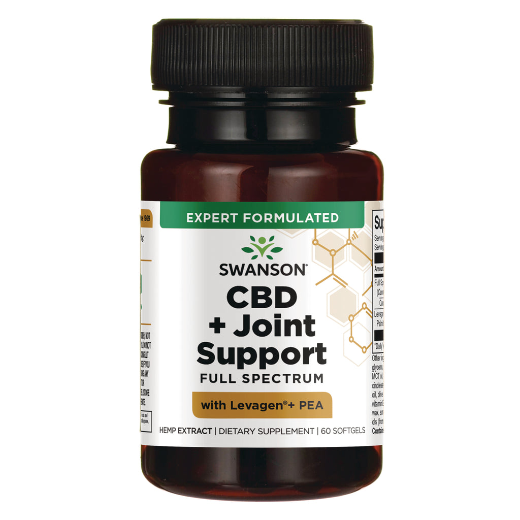 SWU1093 | Four amber supplement bottles labeled SWANSON CBD + Joint Support Full Spectrum || SWU1093 | Three amber bottles of Swanson CBD + Joint Support full spectrum softgels with Levagen+ PEA, front labels visible || SWU1093 | Two amber bottles of Swanson CBD + Joint Support full spectrum softgels with Levagen PEA, front labels visible - Thumbnail