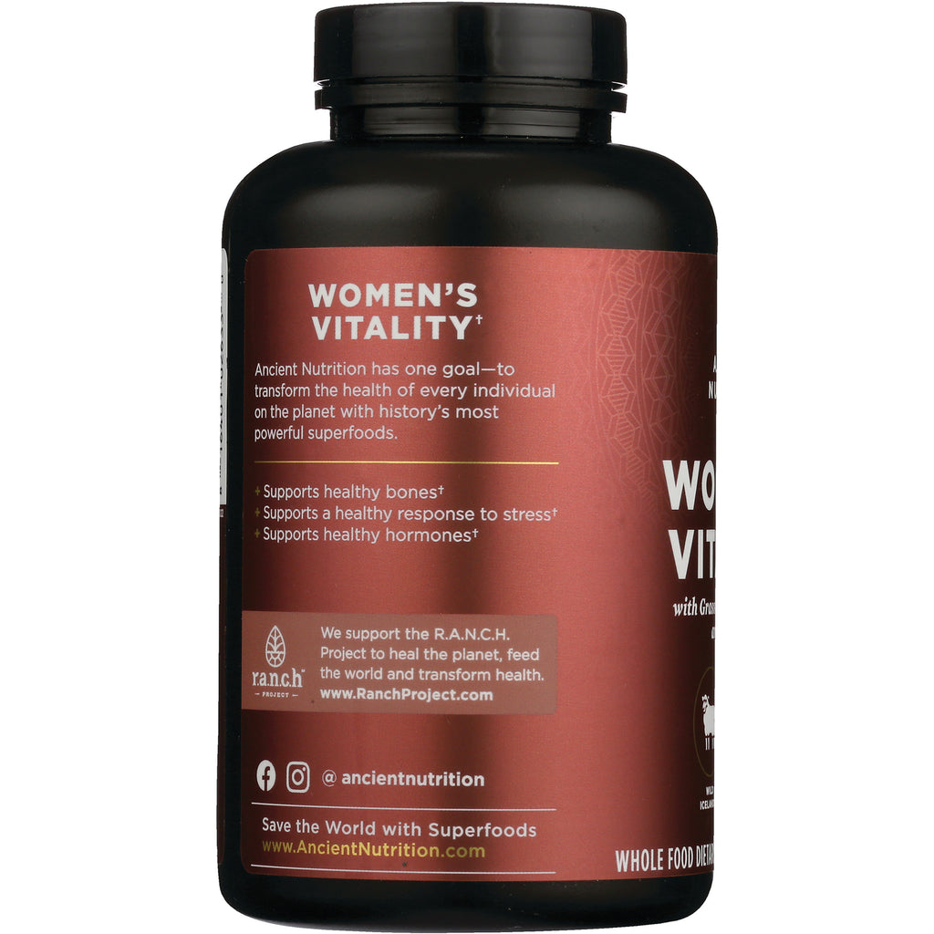 ATN101 | back label of WOMEN'S VITALITY bottle showing benefits, R.A.N.C.H. project blurb and @ancientnutrition - Thumbnail