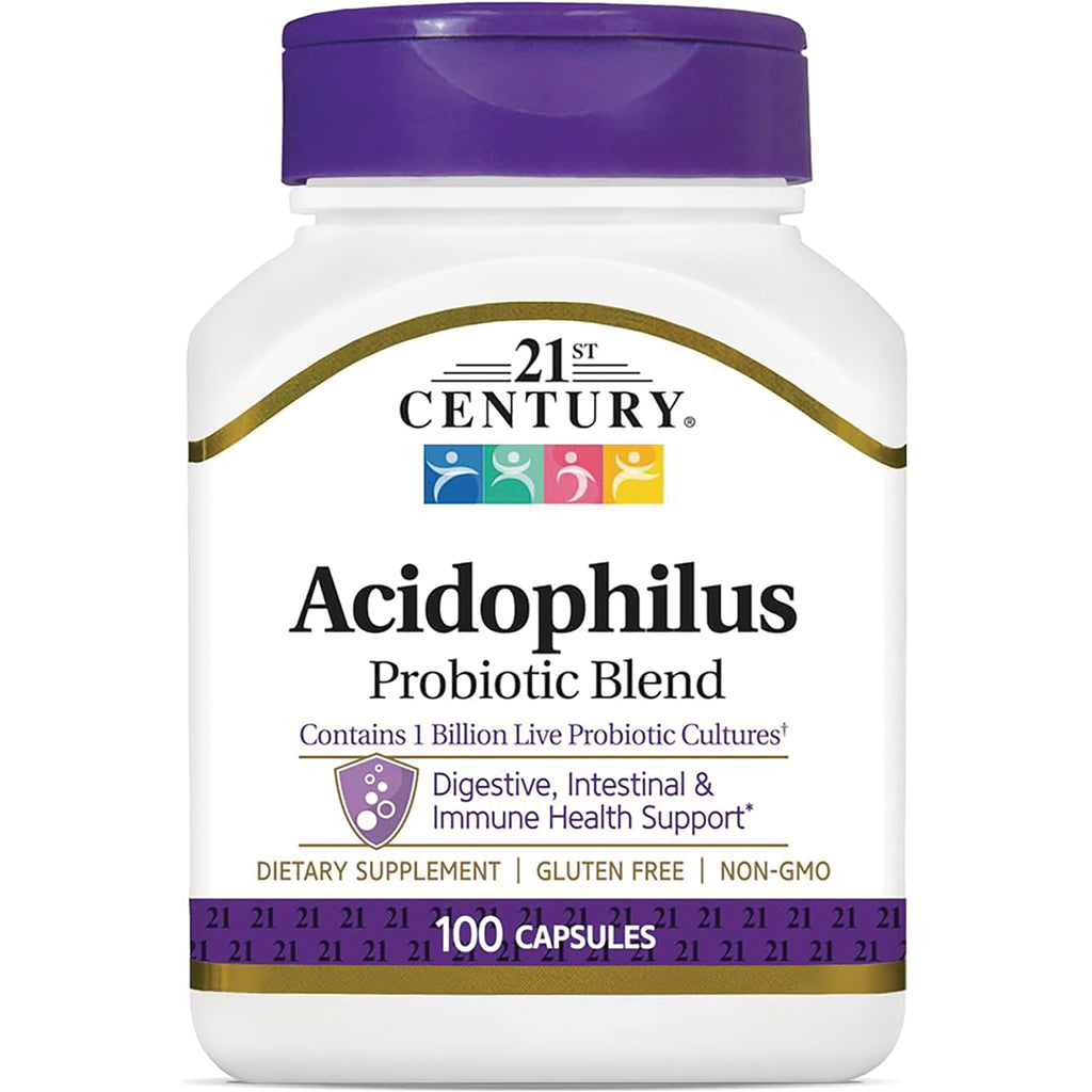 CNT091 | White bottle with purple cap labeled 21st Century Acidophilus Probiotic Blend, 100 capsules, digestive and immune health support - Thumbnail