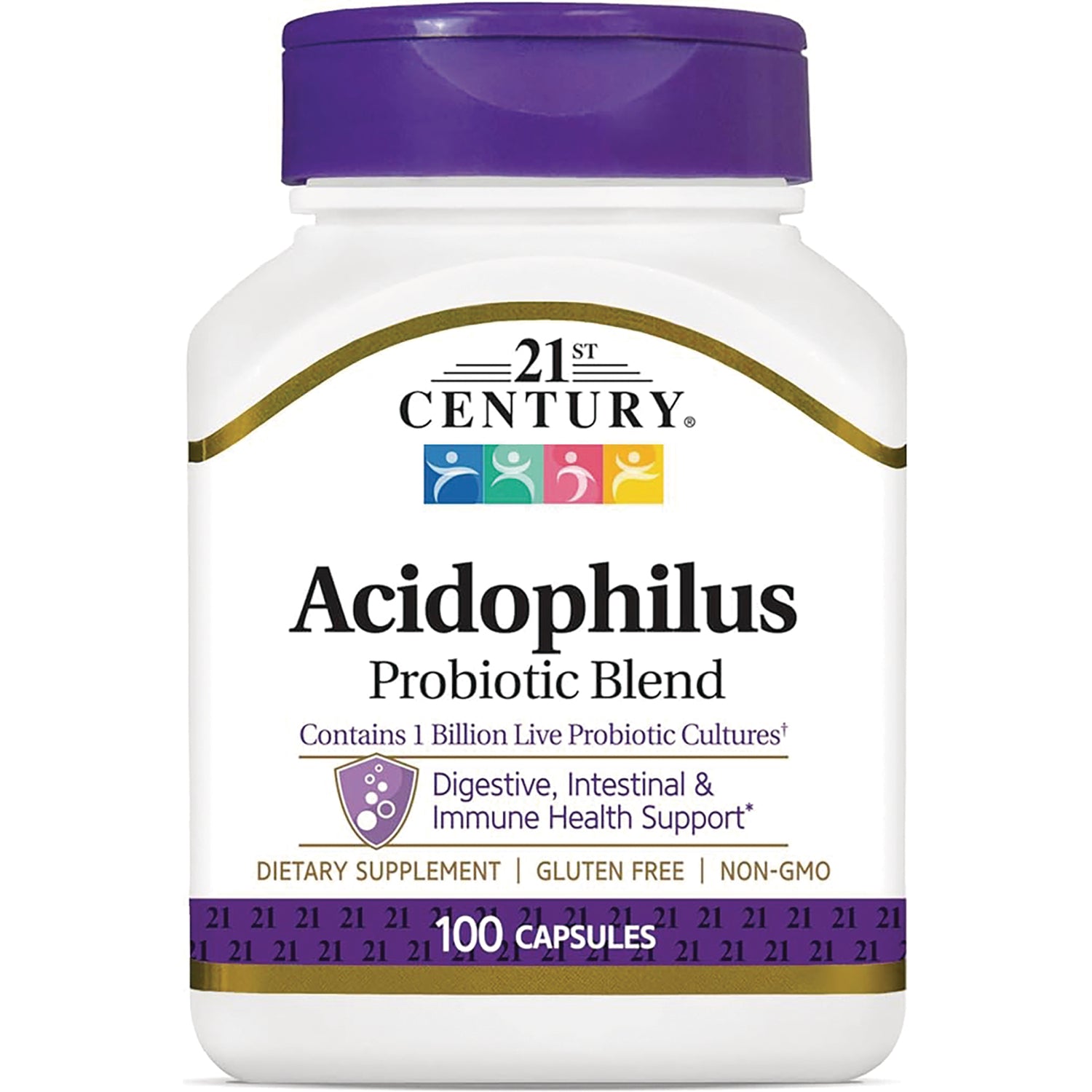 CNT091 | White bottle with purple cap labeled 21st Century Acidophilus Probiotic Blend, 100 capsules, digestive and immune health support
